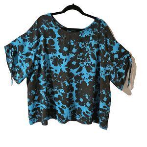 Worthington Womens Blouse 3X Plus Floral Black Turquoise Top Shirt